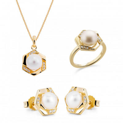 Orphelia® 'Aliva' Damen Sterling Silber Set: Necklace + Earrings + Ring - Gold SET-7469/G