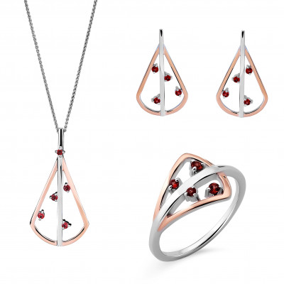 Orphelia® 'Sacha' Damen Sterling Silber Set: Necklace + Earrings + Ring - Silber/Rosa SET-7496