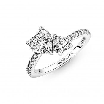 Pandora® 'Double Heart Sparkling' Damen Sterling Silber Ring - Silber 191198C01